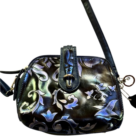 ⭐️M.C. Crossbody Abigale Bag Genuine Leather Embossed Black, Purple, Silver NWOT - Picture 1 of 13